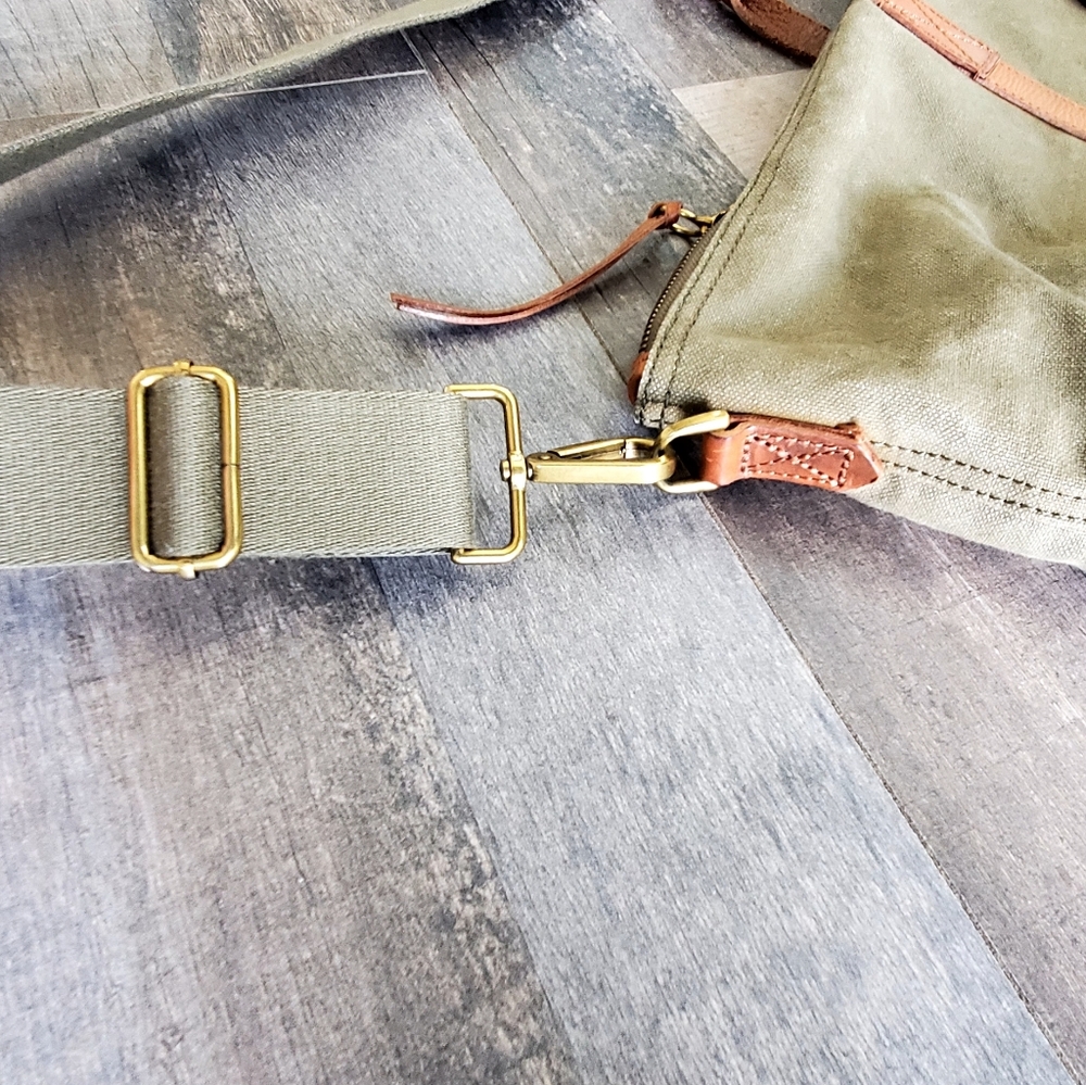 Madewell Essential Weekender Washed Canvas Bag, Army Gr./Brown Leather, EUC - Picture 14 of 15